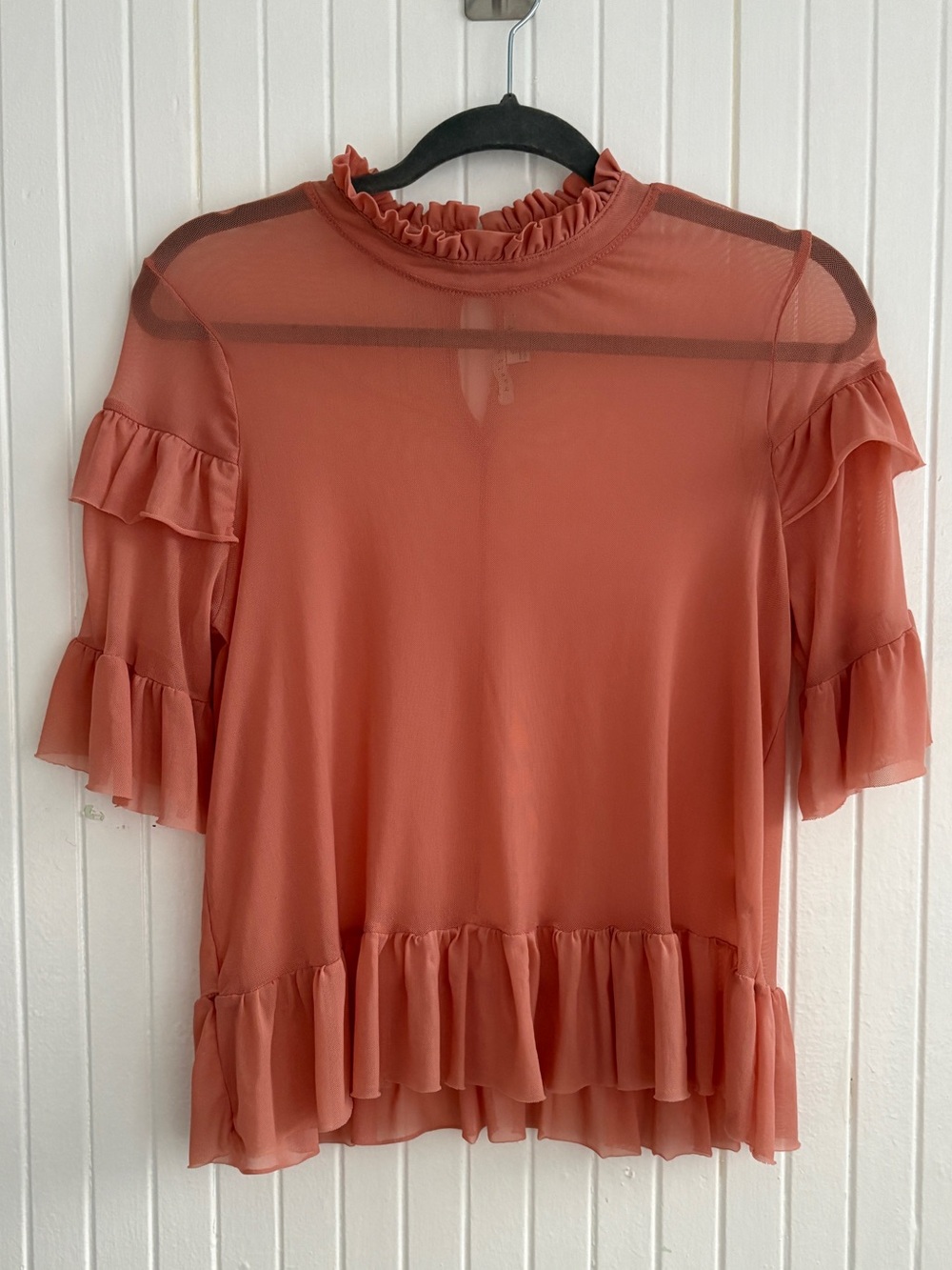 Mesh Ruffle Mock Neck Sheer Short Sleeve Top